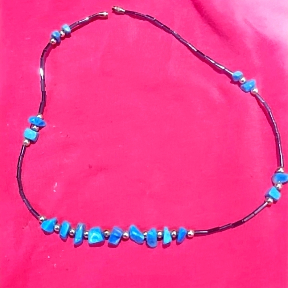 Turquoise with hematite holiw tube beading 16" necklace - Picture 1 of 4